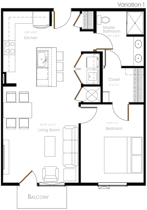The Guild 1 Bedroom Floor Plan